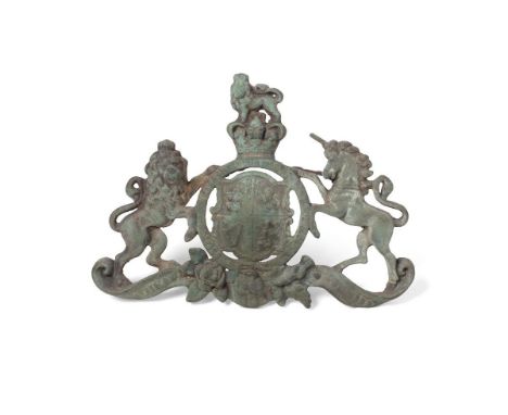 A Victorian bronze metal coat of arms with weathered verdigris finish c1880  the item is in excellent as found, unrestored an