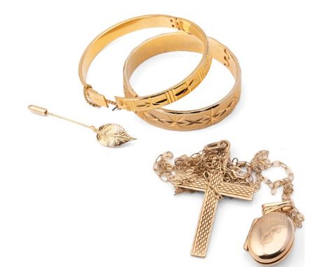 A group of 9ct gold jewellery, comprising a miniature oval locket, monogram engraved, with fine chain, chain length 46cm, and