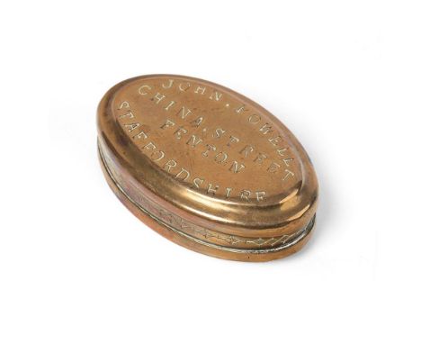 An early c20th brass snuff box or tobacco twist tin inscribed 'John Powell, China Street, Fenton, Staffordshire' dated 1913  