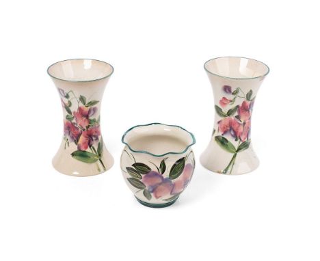 A pair of Wemyss Beaker Vases, pink floral decoration, 16cm tall, previously sold at Sotheby's, with a similar shaped edge bu