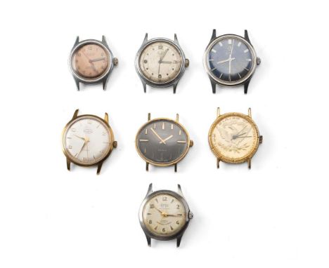 A group of seven vintage manual wind watches many with Incabloc movements  and an unbranded example with a facsimile $10 coin
