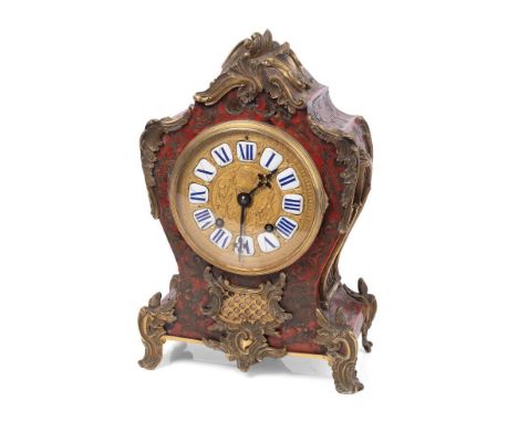 Very ornate late c19th French Empire style bronze mantle clock with red boulle work brass inlay retailed by William Johnson L