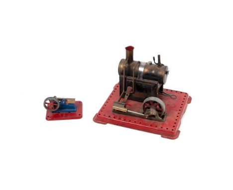 A Mamod live steam stationary engine together with another Mamod 1336D Hammer Accessory. Height 15cm. (2)