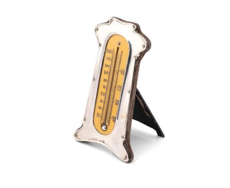 An Art Nouveau style desk thermometer in silver frame on easel stand. Hallmarked Chester 1907. Height 15.5cm.