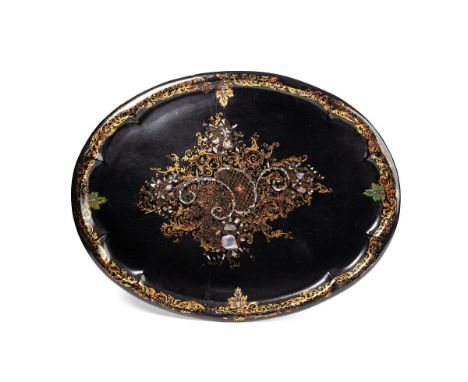 A large c19th Victorian Papier Mache Tray by Jennens &amp; Bettridge laquered, gilded and inlaid with mother of pearl  the co
