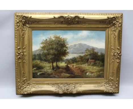 R. MARSHALL An Extensive Landscape with Distant mountain and Figure on the Path, Oil painting on canvas, signed, 50cm x 75cm,