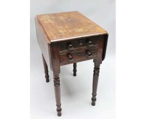 A 19TH CENTURY MAHOGANY SEWING TABLE, having two drop flaps, two real and two faux drawers, on ring turned supports, 50cm x 7