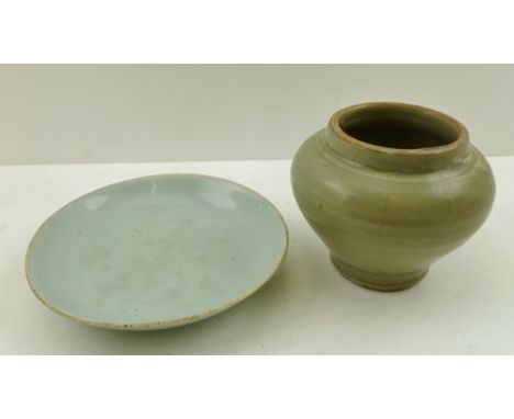 A CHINESE CELADON BALUSTER VASE, possibly Lonchuan Ming, 11cm high, together with a CELADON SHALLOW BOWL, with blue seal mark