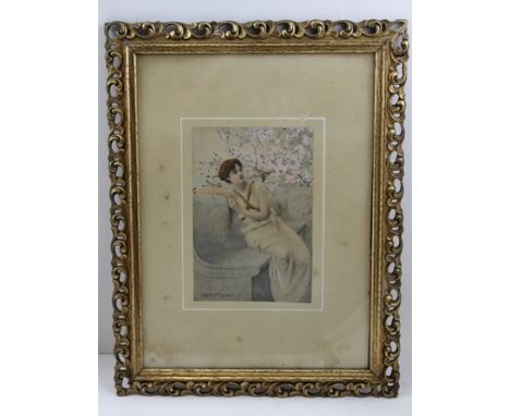 AFTER HENRY RYLAND "Classical Lady on a marble bench, beside blossom", a hand-coloured print, 19cm x 13cm, in ornate gilt fra