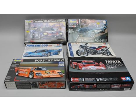 THREE REVELL 1:25 AND 1:24 SCALE MODEL SPORTS CAR KITS, including CORVETTE C5-R COMPUARE, 58 CORVETTE ROADSTER, PORSCHE 956C,