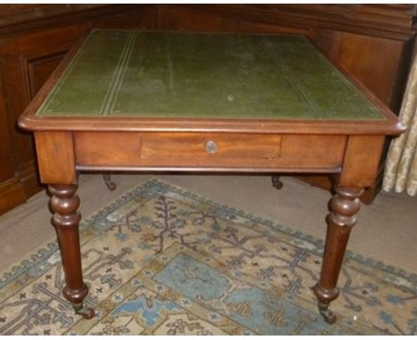 A 19TH CENTURY MAHOGANY LIBRARY TABLE, having green leather inset top, frieze fitted single drawer, raised on ring turned sup