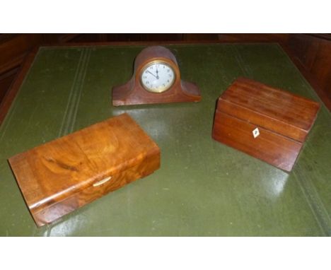 AN ART DECO WALNUT VENEERED GAMES COUNTER BOX, 28cm wide, together with a 19th century mahogany CADDY BOX and a small mahogan
