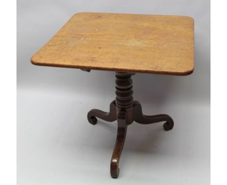 A 19TH CENTURY MAHOGANY SNAP-TOP SUPPER TABLE, on ring turned supports with triform base having scroll feet, 76cm x 74cm 