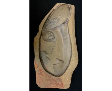 Tribal Art - a carved hardstone figure of a mother and child, the mother embracing the child, polished and textured finish, 7