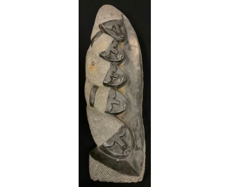 Tribal Art - a carved hardstone figure, siblings, polished and textured finish, indistinctly signed, possibly C Ever, 94cm hi