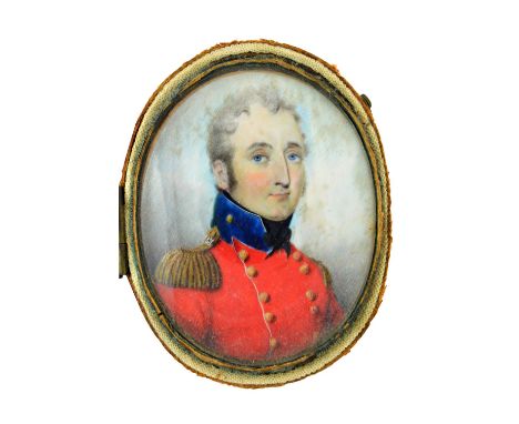 An early 19th Century portrait miniature on ivory of an officer wearing a red tunic and blue collar, oval, 6.7cm high overall