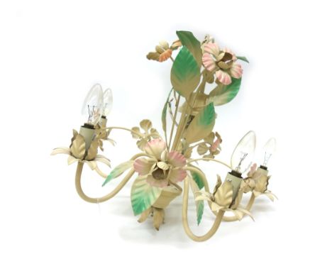 An ornate painted wrought metal five light chandelier, 20th century, decorated with flowerheads and leaves, 44 cm high. 
