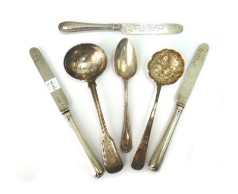 A William IV silver fiddle and thread pattern sauce ladle, Joseph & Albert Savory, London 1835, crested, a George III silver 