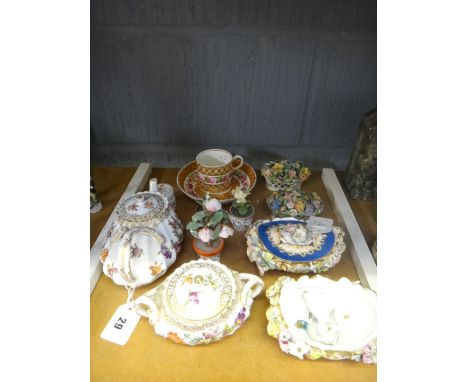 A collection of seven pieces of Dresden porcelain, a teapot and sucrier, two baskets and two jardinieres of flowers and a jar