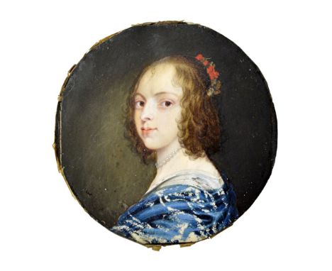 English School, 17th/18th Century, Portrait miniature of a lady in a blue dress wearing pearls, watercolour, 7.3 x 7.3cm.