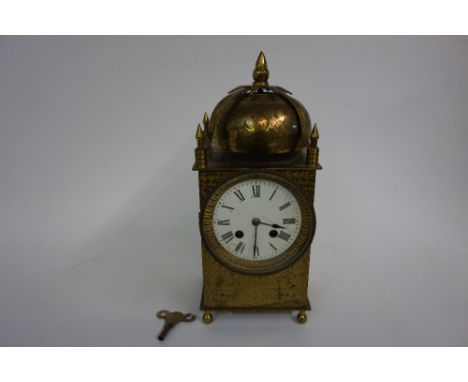 Japy Feres & Co:  a French gilt metal cased lantern clock, second half 19th century, the white enamel dial with Roman numeral