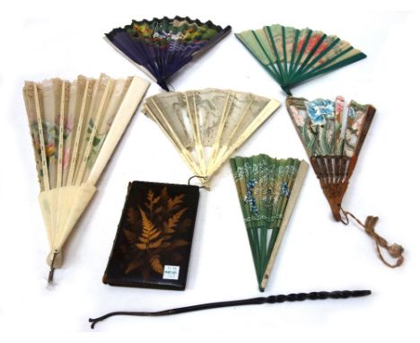 A late 19th century fan with painted and lace edged leaf, bone sticks and guard, 35cm wide, together with a collection of fiv
