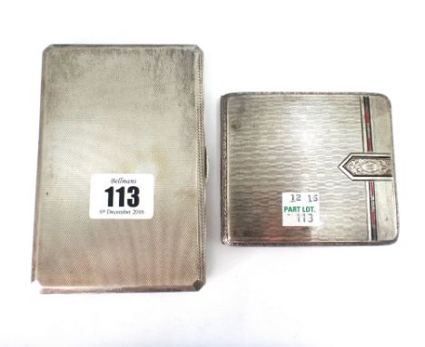 A large engine turned silver cigarette case, Birmingham 1940 and an Art Deco engine turned and enamelled silver cigarette cas