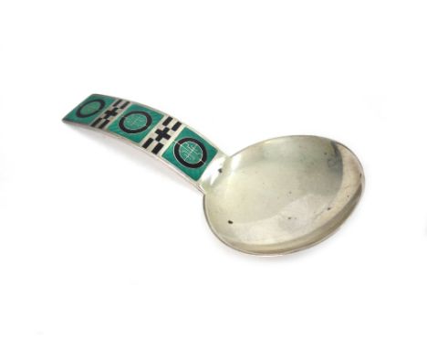 A Norwegian silver and enamelled caddy spoon, Marius Hammer, with circular bowl, the handle enamelled in green and black, 10.