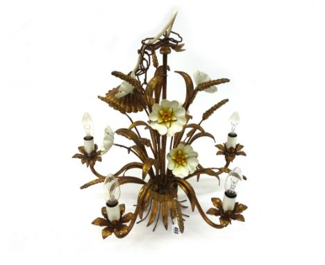 An ornate gilt metal five light chandelier, 20th century, cast with wheatears and enamelled flowerheads, 51 cm high. 