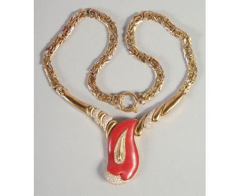 M. HAGOPIAN. A SUPERB 18K YELLOW GOLD DIAMOND AND CORAL SET NECKLACE. 95gms in a leather pouch, Paola Calosci Giobelli.