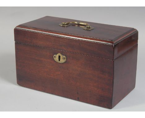 A GEORGE III MAHOGANY THREE DIVISION TEA CADDY 9ins long.