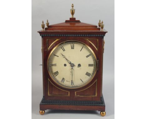 A GOOD REGENCY MAHOGANY CASED BRACKET CLOCK with brass inlay and finial, white circular dial. London maker. 8 day chiming mov