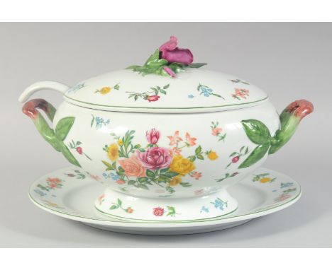 A LARGE LA SOUPIERE PROVINCIAL TUREEN, COVER STAND AND SOUP LADLE by Le Cordon Bleu. 14ins long, painted with flowers.