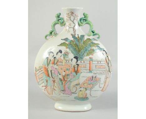 A CHINESE PORCELAIN MOON FLASK painted with figures and calligraphy. 13ins high.