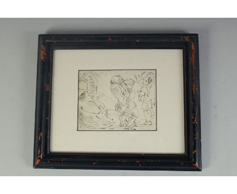 CIRCLE OF ROWLANDSON. INK SKETCH with three figures. 4ins x 5ins.