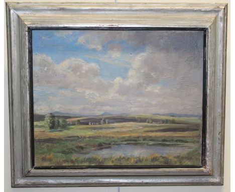 William Hartley Waddington 1883-1961 BritishA wide upland view, oil on panel, framed, label to verso, 32 x 40cm