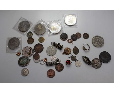 9ct gold ring, seven crowns, pendants, foreign coins, Edward- George V Pennys etc