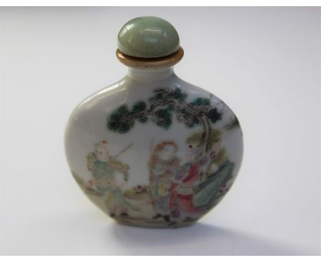 Chinese snuff bottle.Porcelain of flattened moon flask shape with narrow recessed base, painted in polychrome enamels with fi