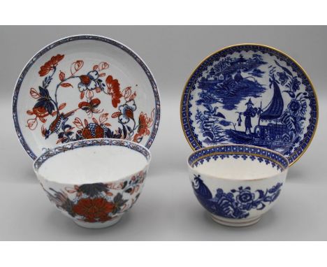 An 18th century Liverpool porcelain teabowl and saucer, decorated under and overglaze in blue, iron red and gilt with Bird on