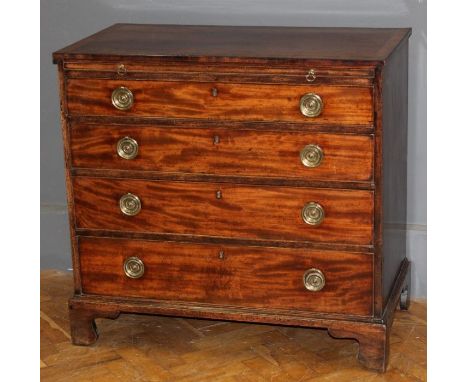A George II mahogany chest, the crossbanded, ebony strung rectangular top over brushing slide and four graduated long drawers