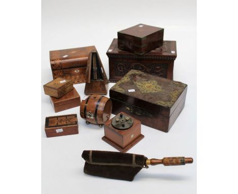 A Victorian walnut, Tonbridge banded jewellery box with paper lined interior, together with a walnut, cut brass mounted jewel