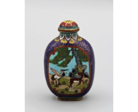 Chinese snuff bottle.Metal Cloisonné enamel, of rounded rectangular form with a raised footrim, each main side with a design 