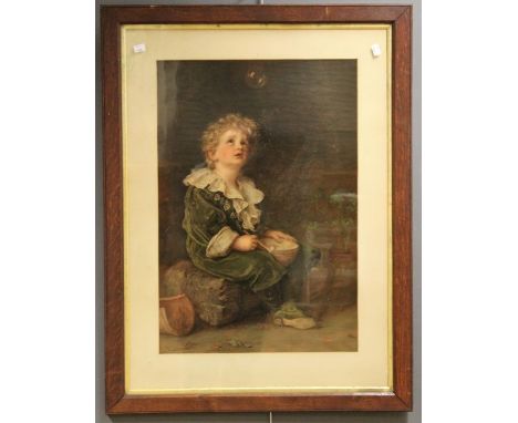 A large Edwardian Pears promotional coloured lithograph, ' Bubbles' , in period oak glazed frame, 99 x 75cm (total)