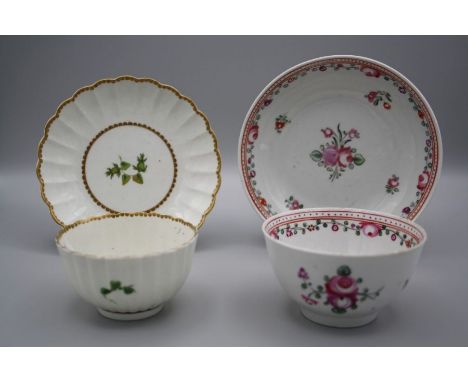 Manner of James Giles, an 18th century Worcester tea bowl and saucer of lobed and reeded form, decorated overglaze with green