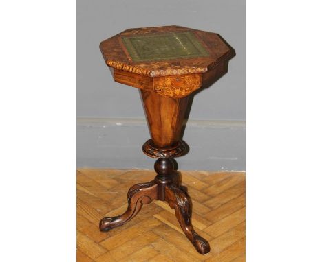 A Victorian walnut 'trumpet' form work table, the floral marquetry and later scriber set top on tapering column, three leaf c