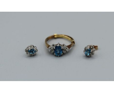 A pair of 9ct gold topaz and diamond ear studs along with a 9ct gold topaz and white stone ring (size K with size adapter)