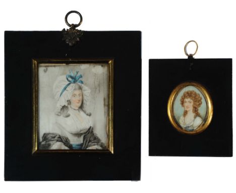 A 19TH CENTURY RECTANGULAR MINIATURE PORTRAIT of a lady, in white dress and cap with blue ribbon, watercolour on ivory, 9.5cm