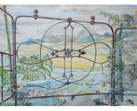 HILARY HENNES (NÉE MILLER) (b.1919) View through a wrought iron gate, signed, gouache, 40 x 58cm