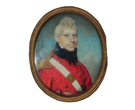 ENGLISH SCHOOL (EARLY 19TH CENTURY) An oval miniature portrait of Lieutenant John Peter Pleydell, in scarlet dress uniform, w