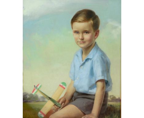 JAMES P. BARRACLOUGH (1891-1942) Portrait of a young boy with model plane, signed and dated '35, oil on canvas, 74 x 62cm